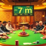 Players enjoy a thrilling poker game at a casino featuring 7m betting odds and vibrant atmospheres.