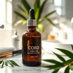 Applying CBD oil for skin in an elegant setting with lush greenery.