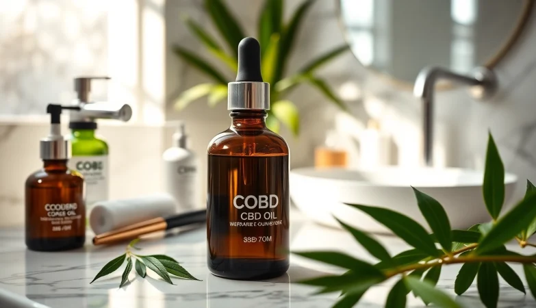 Applying CBD oil for skin in an elegant setting with lush greenery.