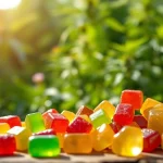 Showcasing colorful weed gummies arranged attractively on a wooden surface with a garden backdrop.