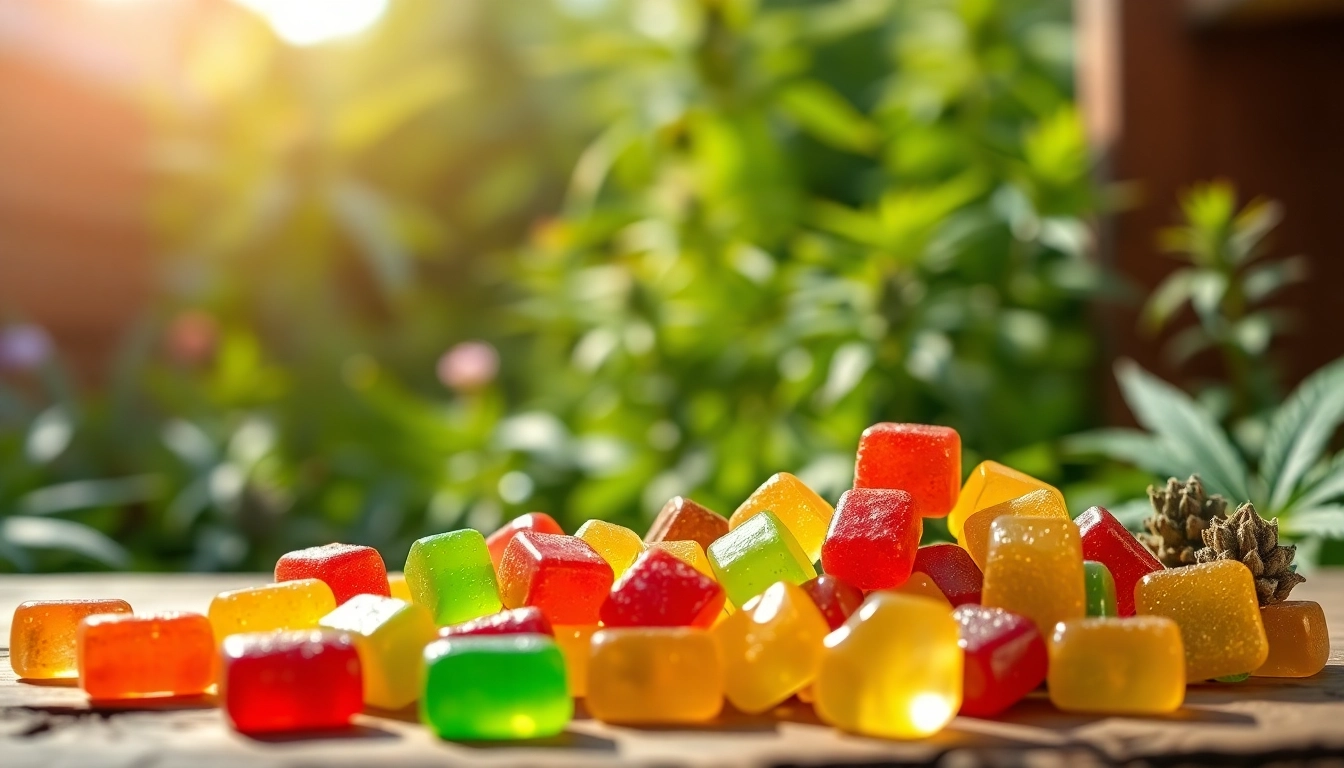 Showcasing colorful weed gummies arranged attractively on a wooden surface with a garden backdrop.