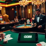 Engaging scene of Nhà cái GG88 at a vibrant casino table with poker chips and slot machines.