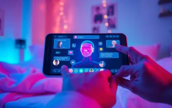 AI sex chat free with a lifelike holographic character on a sleek device, showcasing vibrant communication.