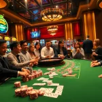 Players enjoying excitement at the top nhà cái poker table amidst vibrant casino lights.