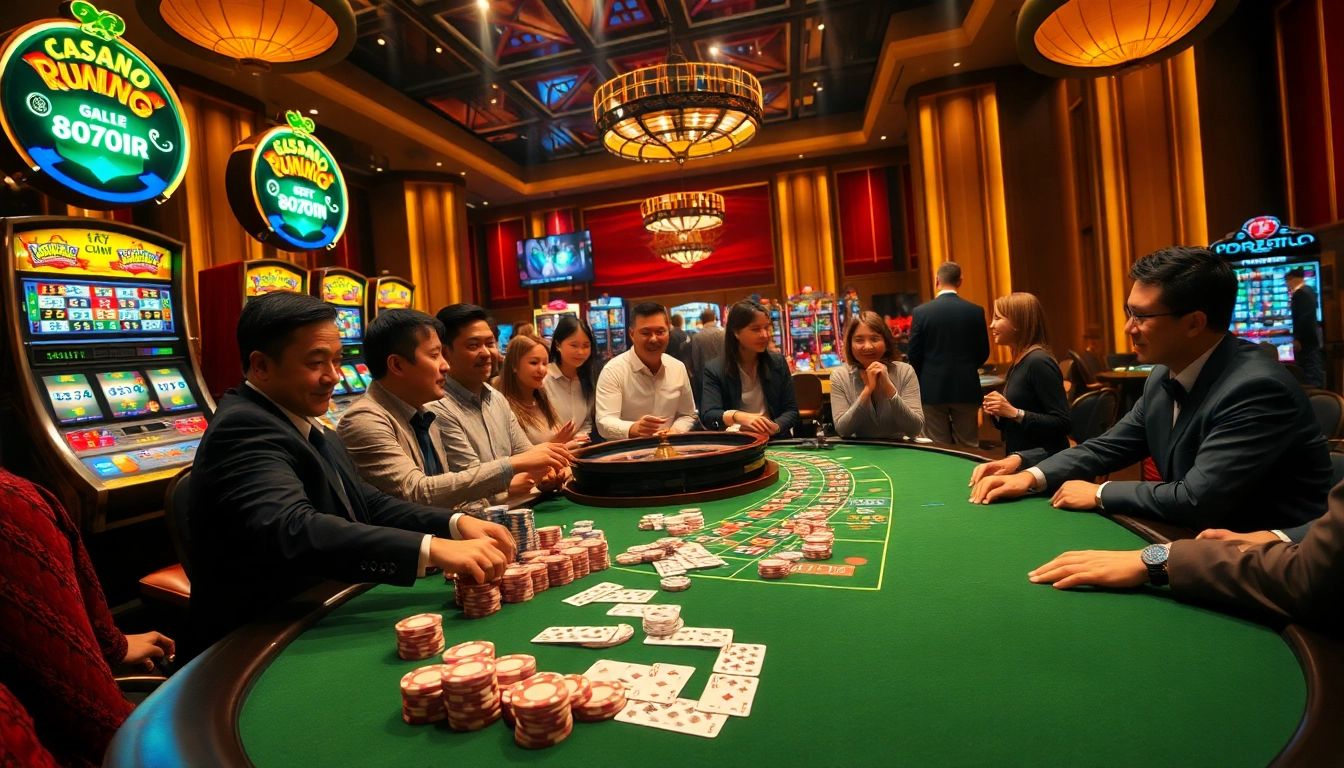 Players enjoying excitement at the top nhà cái poker table amidst vibrant casino lights.