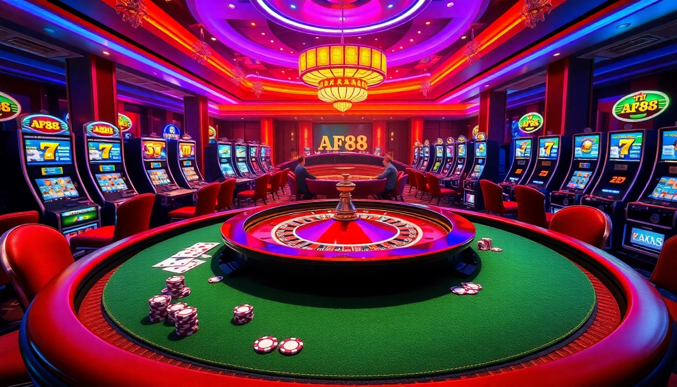 TẢI AF88 and experience the thrill of a luxurious casino with vibrant gaming tables and slot machines.