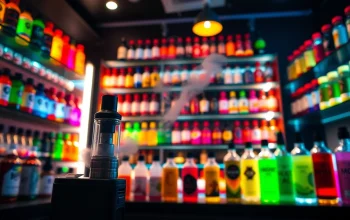 Explore the vibrant selection of Vape & E-Liquids displayed in a stylish vape shop.