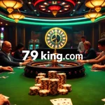 A lively poker game at 79king.com casino, showcasing players, chips, and a roulette wheel.