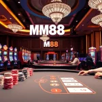 MM88 players enjoying a thrilling game at a luxurious casino table, with vibrant slot machines.