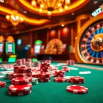 Engage in thrilling mmoo game đổi thưởng at a luxurious casino with vibrant poker chips and roulette.