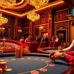 Exciting casino scene with players at an OK365 poker table, chips stacked high amid vibrant lights.