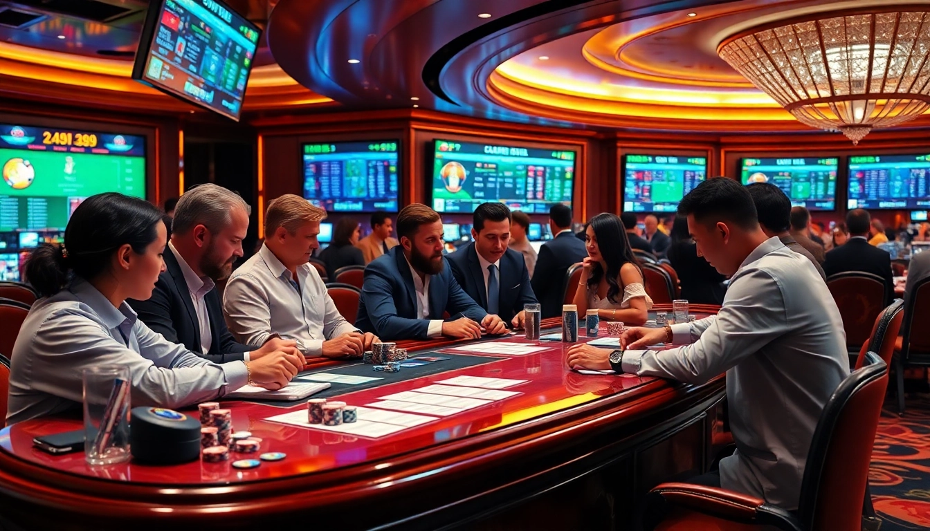 Experience สมัครแทงบอล at a vibrant betting counter with engaging conversations and live scores.