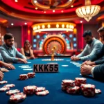 Players enjoy a thrilling poker game at a casino table featuring KK55 chips and vibrant décor.