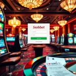 Sbobet login interface displayed in a luxurious casino setting with slot machines and roulette wheel.
