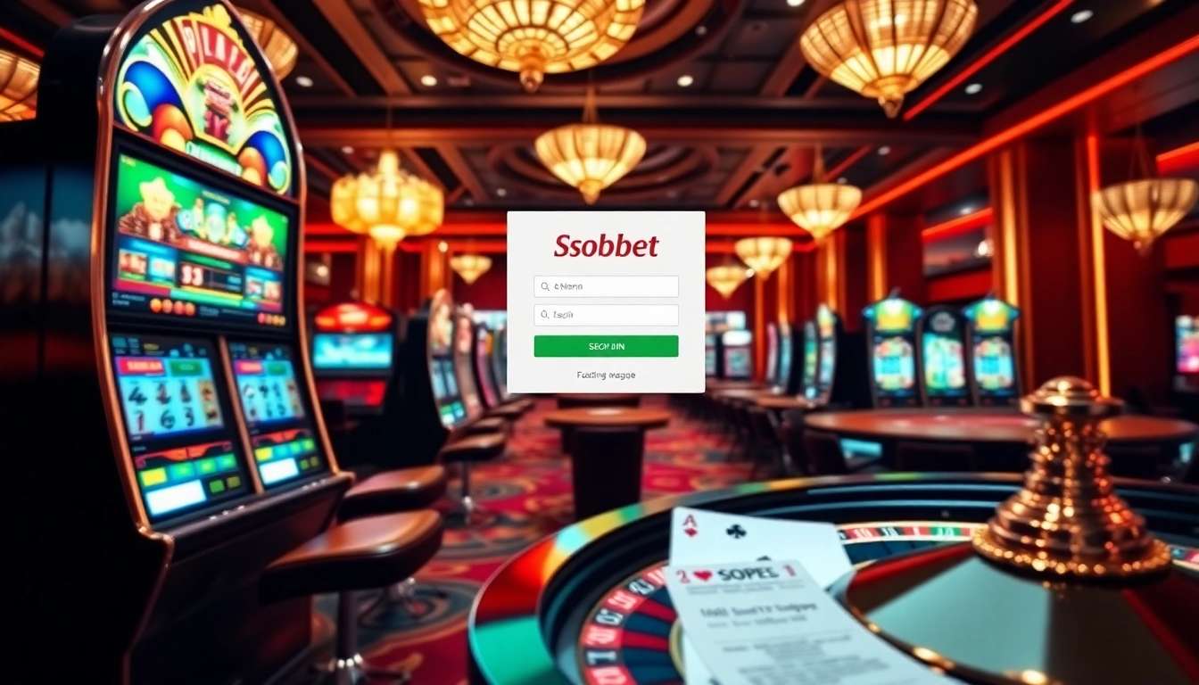Sbobet login interface displayed in a luxurious casino setting with slot machines and roulette wheel.