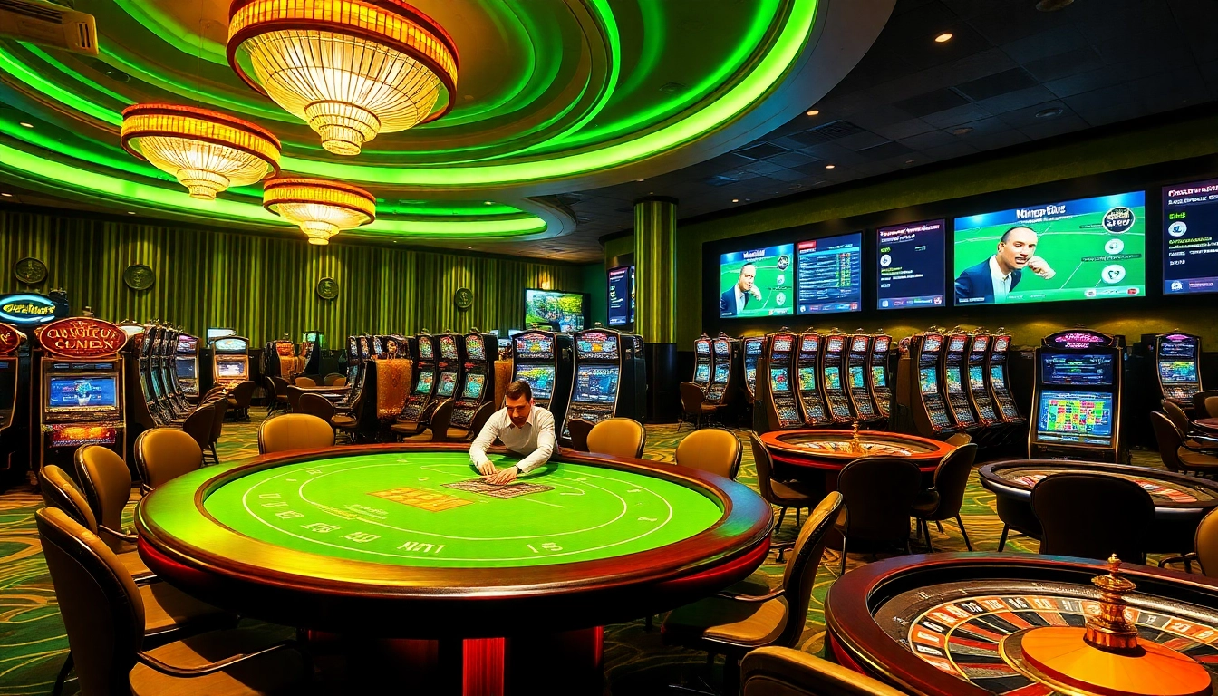 Experience sbobet login excitement at a vibrant casino with poker tables and slot machines.