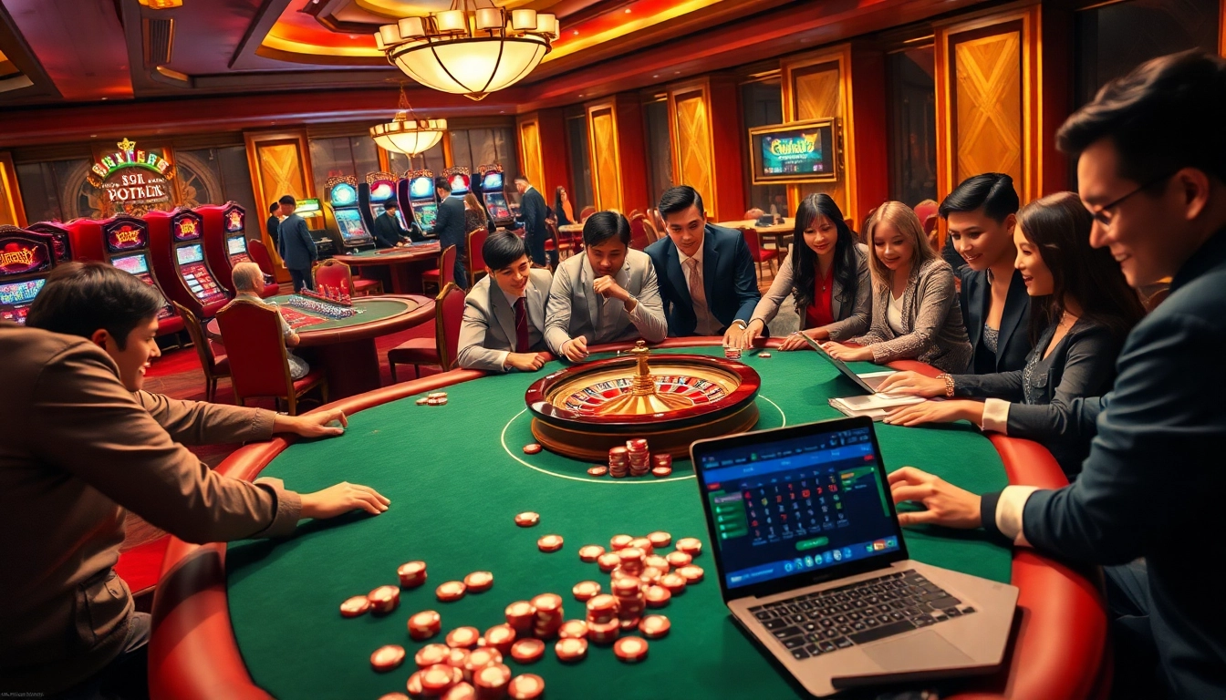 Engage in the thrilling rr 88 online casino experience, surrounded by players at vibrant tables and slot machines.