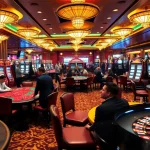 Exciting gaming scene at nhà cái nova88 with poker tables, slot machines, and roulette.