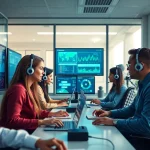 展示客户服务团队使用美洽官网 AI 解决方案进行高效客户沟通的办公场景。