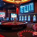 Engage with exciting casino offerings at https://ok88.tech/ featuring poker tables and a sleek roulette wheel.