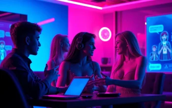 Engaging ai porn chat interface with interactive characters in a vibrant digital scene.