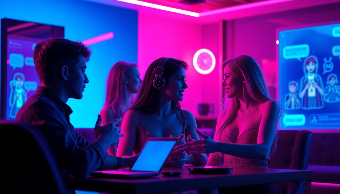 Engaging ai porn chat interface with interactive characters in a vibrant digital scene.