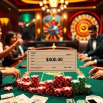 Players excitedly prepare to deposit 1000 at a luxurious casino poker table filled with chips.