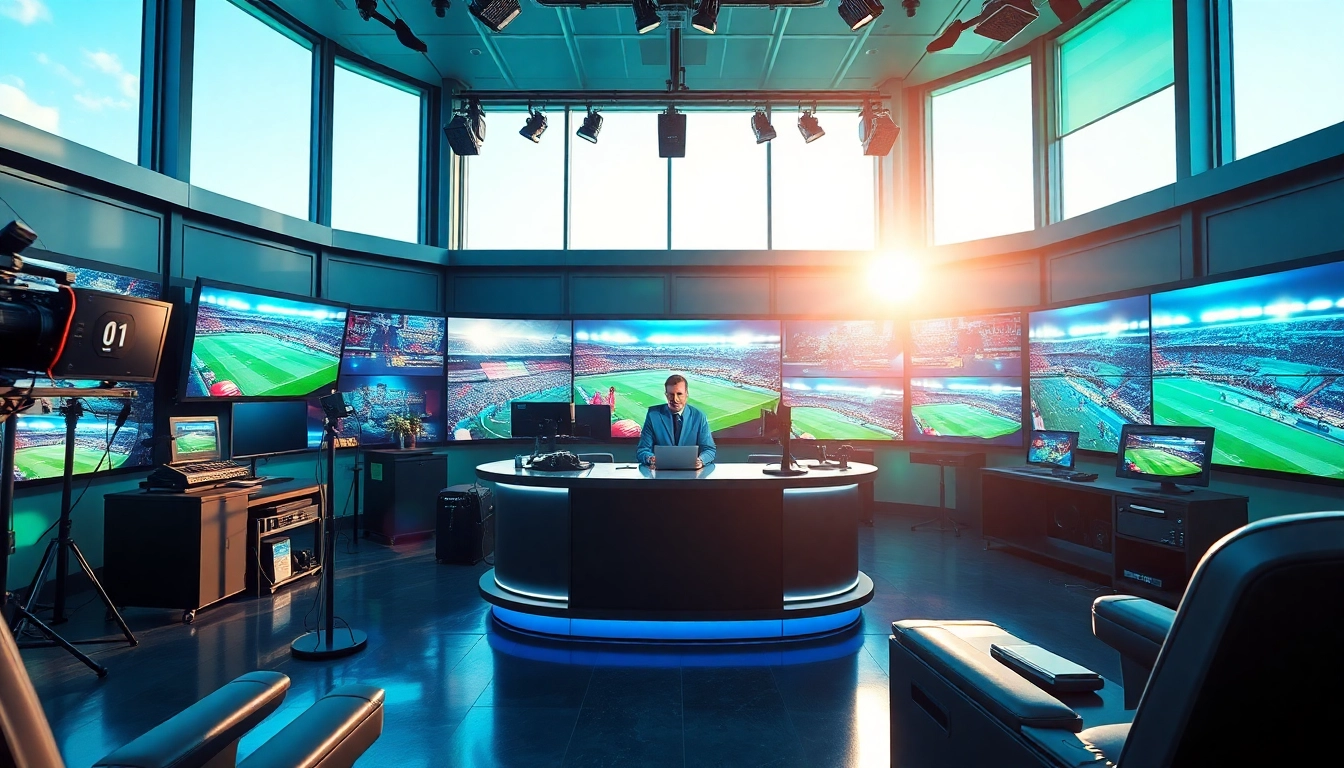 Sports Broadcasting studio featuring a news anchor and high-tech equipment in an engaging setting.