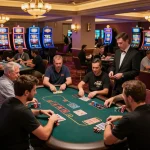 Players engaged in intense blackjack gameplay at s8inc.com/ casino, showcasing strategic card action and vibrant ambiance.