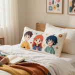 Custom body pillow adorned with vibrant artwork on a cozy bed, creating a personalized space.