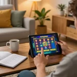 Koinvegas slot gaming experience displayed on a tablet in a cozy home setup.