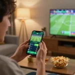 Person engaged in live betting on USBET app during a football game, showcasing excitement and modern gaming setup.