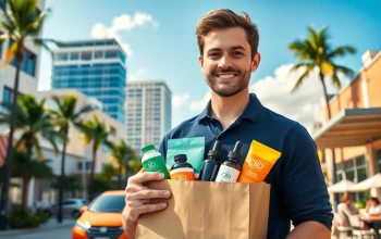 Fort Lauderdale weed delivery showcasing friendly service and vibrant CBD products in a sunny urban setting.