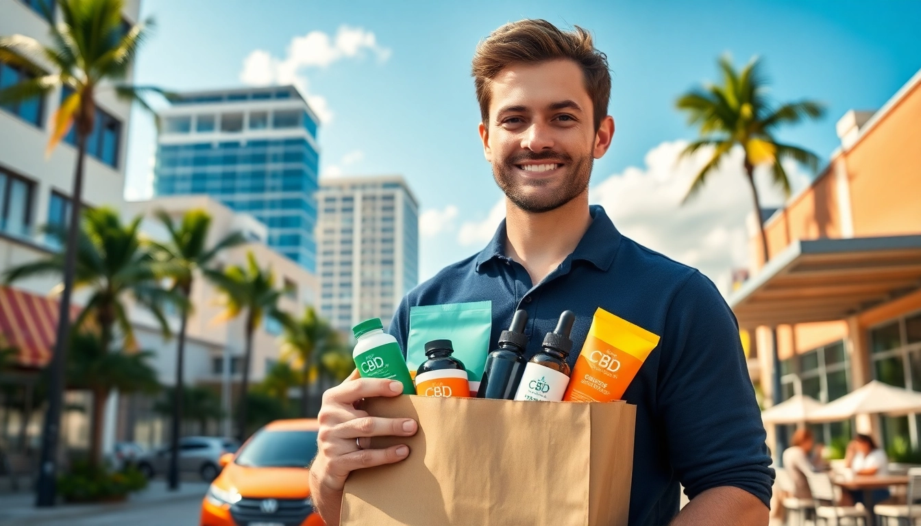 Fort Lauderdale weed delivery showcasing friendly service and vibrant CBD products in a sunny urban setting.