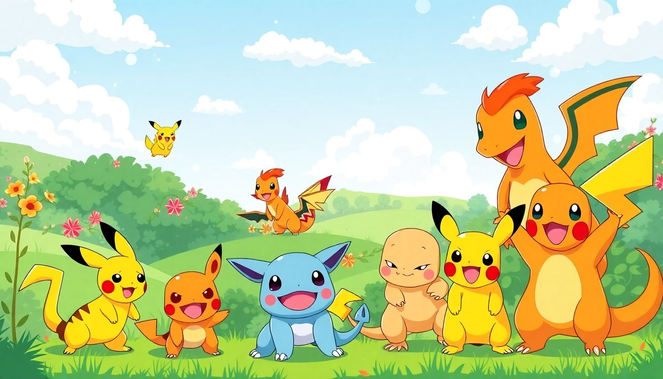 Explore diverse Pokemon SVG designs featuring beloved characters like Pikachu in a whimsical landscape.