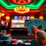 idnslot winning moment in a luxurious casino with slot machines and poker chips.