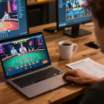 rikvip player engaging in online casino gaming at home with modern setup and live dealer game interface