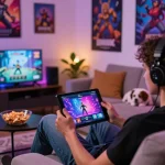 Engaging scene featuring a person playing online sex games on a tablet in a cozy living room.