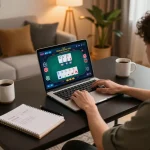 Engaging online gambling scene with a person analyzing strategies at Nhà Cái RR88.