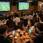 Fans engaging with keo nha cai during live sports betting experience in a dynamic sports bar setting.