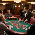 Experience the excitement of 388bet at an active roulette table with players and croupier.