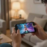 Engaging in an NSFW game on smartphone, dynamic gameplay scene in cozy home setting
