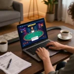 Player engaging with 99win on a laptop at home, illustrating online gambling strategy.