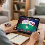 Player exploring cm88-bet poker interface on tablet in cozy living room atmosphere