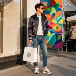 Urban fashionista showcasing 레플리카 style in vibrant city setting.