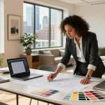Chic workspace of DGI Chicago with designer reviewing plans and bright skyline.