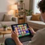 Engaging player spins hoki slot game on tablet in cozy home setting, showcasing online gambling.