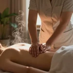 Relaxing Swedish massage scene with warm candles, essential oils, and soothing atmosphere.
