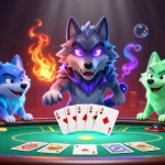 Engage in thrilling games at mpo500 with a dynamic poker scene featuring glowing wolves.
