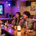 Friends enjoying 제주유흥 at a karaoke bar in Jeju, surrounded by whiskey bottles and vibrant nightlife.
